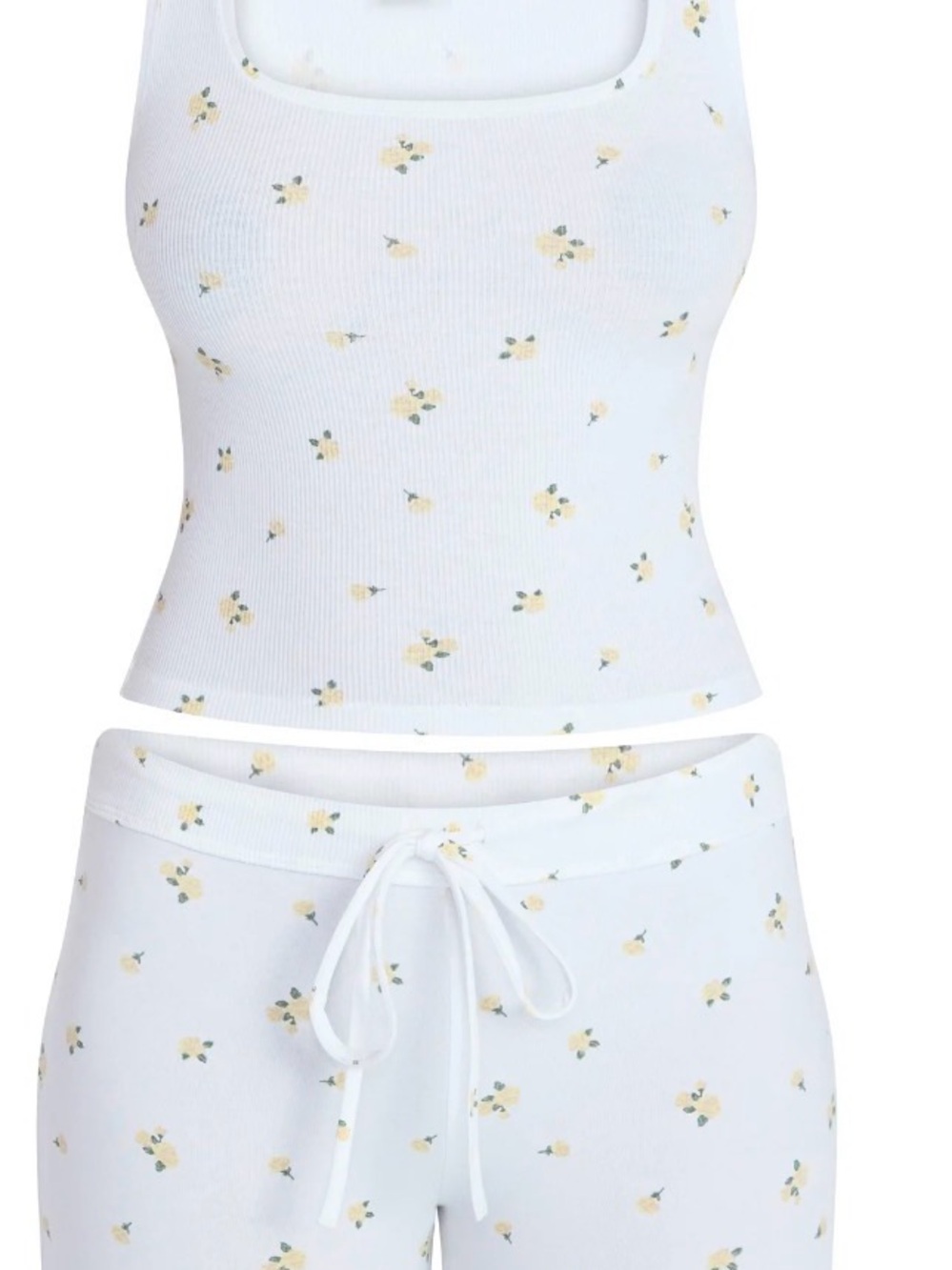 NOBO White Ribbed Tank & Pajama Set with Yellow Floral Print